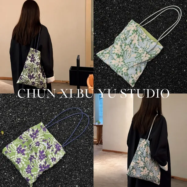 韩系文艺油画花朵清新碎花单肩帆布包森系艺术花朵百搭小众托特包