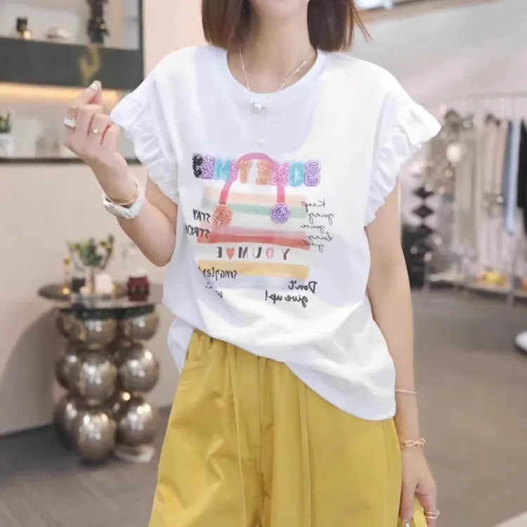 字母印花小飞袖T恤夏季薄款胖MM大码女装宽松显瘦设计感小众上衣