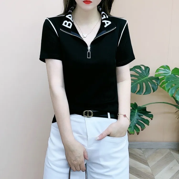 洋气短袖t恤女夏天中年妈妈装时尚翻领polo衫半拉链条纹减龄上衣