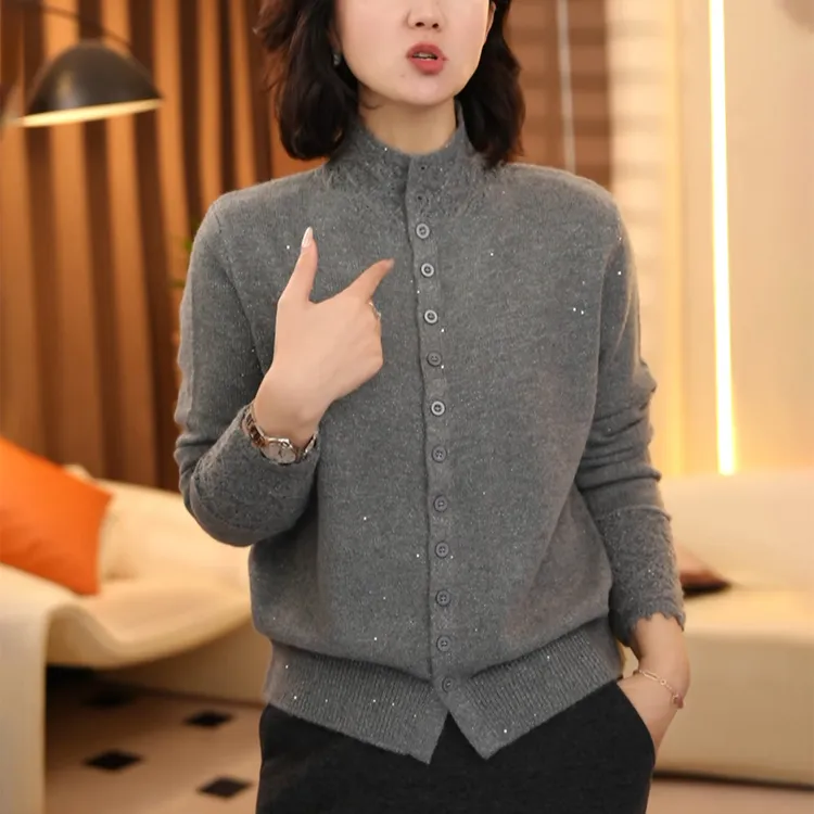 灰色半高领针织开衫女士秋冬慵懒风软糯休闲显瘦洋气内搭毛衣上衣