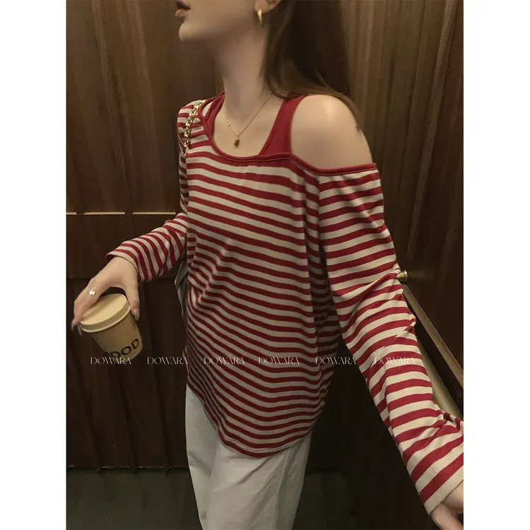 现货大婉酱微胖定制莱赛尔条纹露肩T恤设计感假两件显瘦上衣9970D