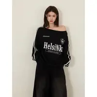 谢不肉 条纹刺绣斜肩宽松美式字母卫衣女秋休闲宽松显瘦上衣50672