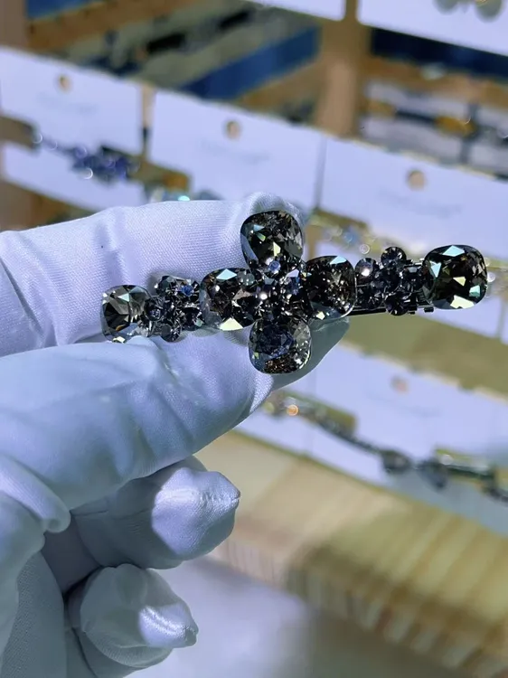 09号6CM轻奢弹簧夹K9钻14K镀金气质时尚韩版发饰重工满钻蓝色