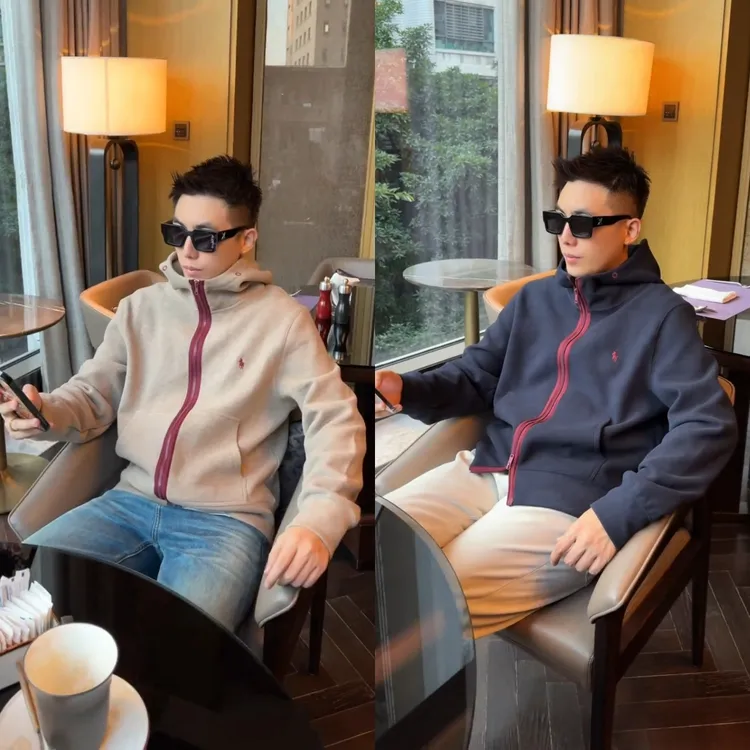 李查得秋季【琥珀老钱风】高品质混纺弹力撞色拉链连帽小标夹克外套