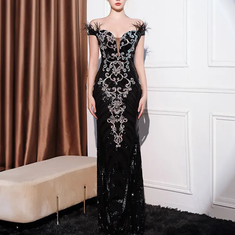 晚礼服裙女高端简约气质宴会高级感修身显瘦一字肩显瘦长款连衣裙