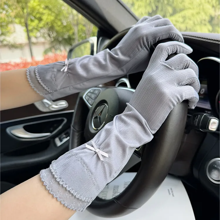 冰丝手套夏季防紫外线透气触屏开车骑车女士蕾丝防晒手套中长款薄