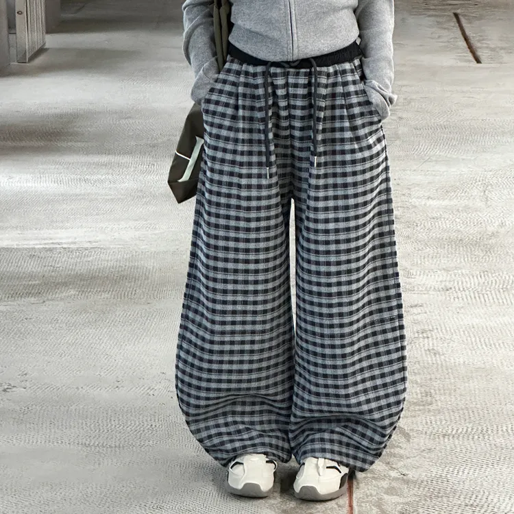 女童洋气格子裤春秋2025新款裤子儿童宽松阔腿裤女大童休闲裤12岁