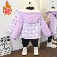 秋冬装韩版加绒加厚夹克服外套女童洋气方格兔子印花保暖连帽棉服