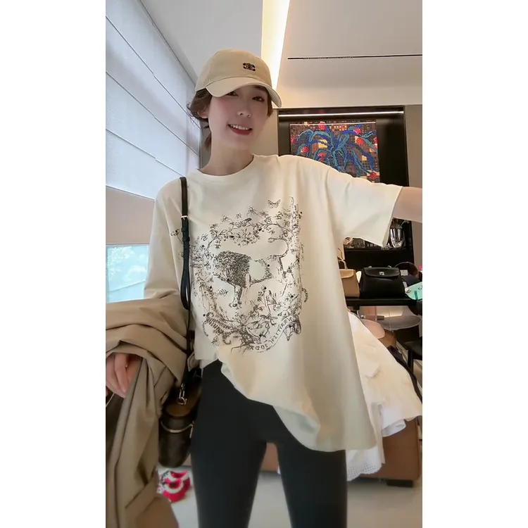 徐靖靖【森林世界】2502230半袖狮子印花宽松短袖T恤休闲轻奢上衣女
