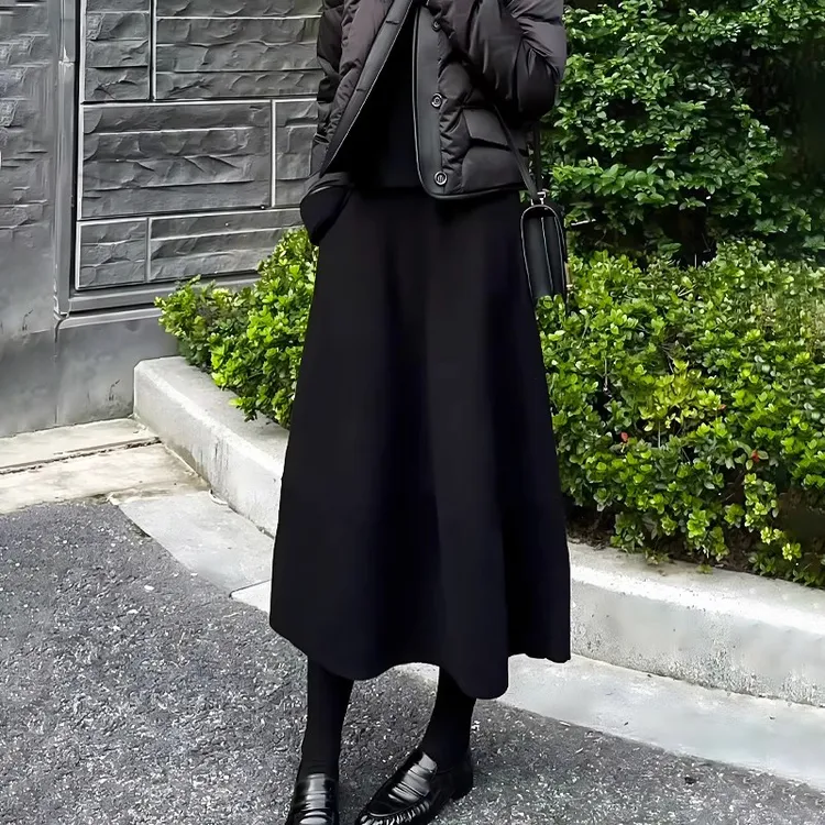冬季黑色毛呢半身裙女2025新款秋冬款小个子加厚鱼尾长裙a字伞裙