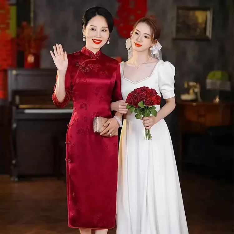 2025复古进口三醋酸高档提花工艺喜婆婆装旗袍妈妈礼服气质修身L