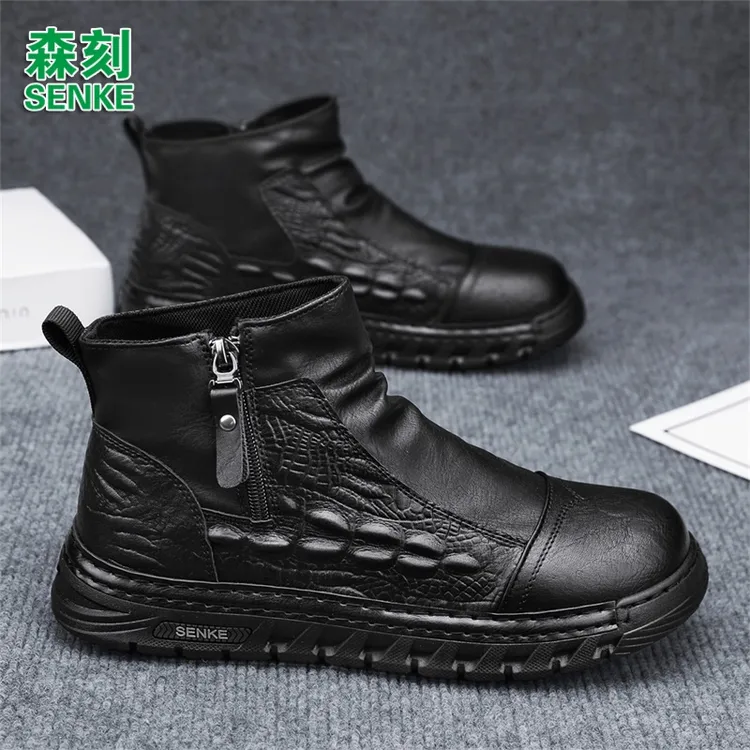 森刻男鞋2025冬季新款皮面防水防滑软底软面工装时尚潮流休闲开车