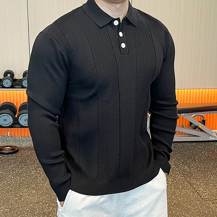 翻领男士新款长袖翻polo衫高级感提花针织衫美式宽松纯色上衣