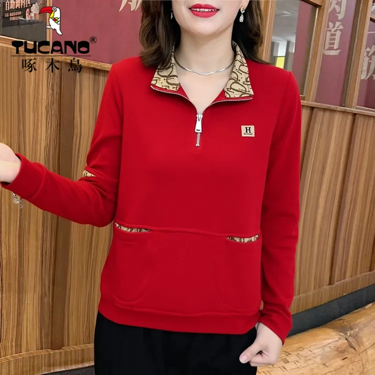 啄木鸟春秋长袖T恤女中年妈妈装洋气拉链翻领卫衣宽松遮肉打底衫