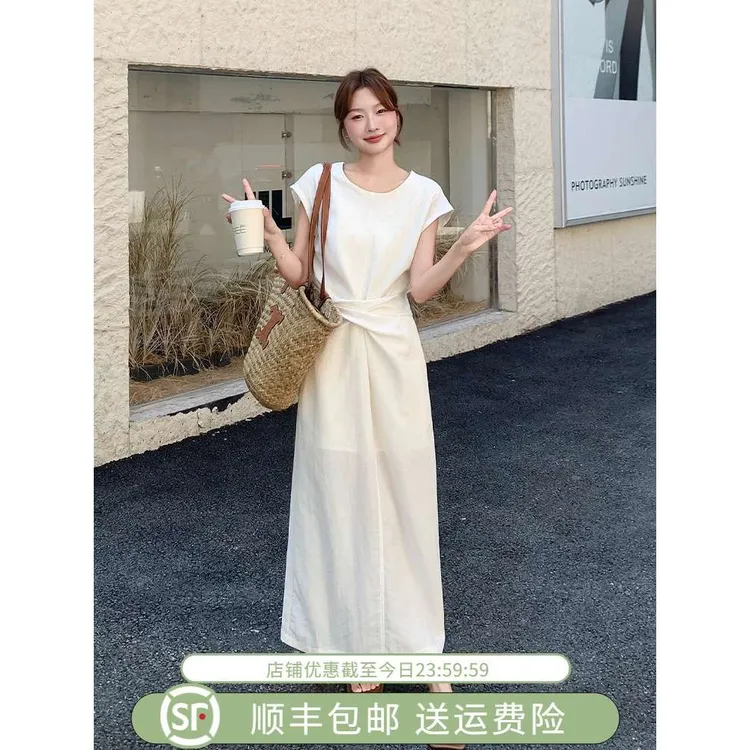 白色连衣裙女夏2025新款亚麻高级感老钱风气质轻熟亚麻蕾丝老钱风