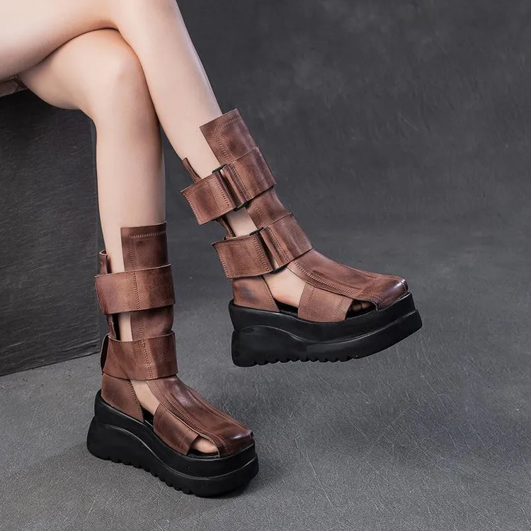 设计师款！真皮8cm罗马凉靴增高英伦风时尚个性复古凉鞋高端女高帮