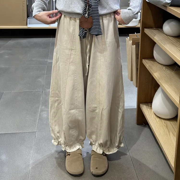卡其色九分阔腿花苞裤女秋装小个子显高梨形显瘦休闲气球灯笼裤子