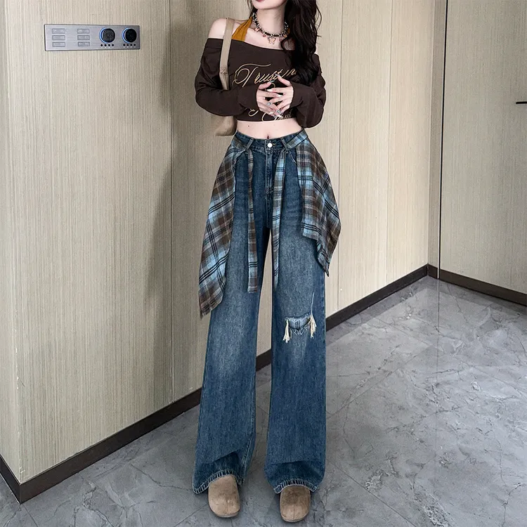 高街屁帘阔腿牛仔裤女2025秋季新款显瘦高腰宽松复古假破洞直筒裤