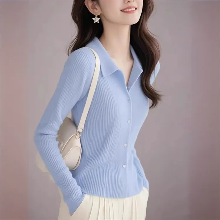出游服装女POLO领蓝色针织开衫独特漂亮上衣女2025女款春装上衣