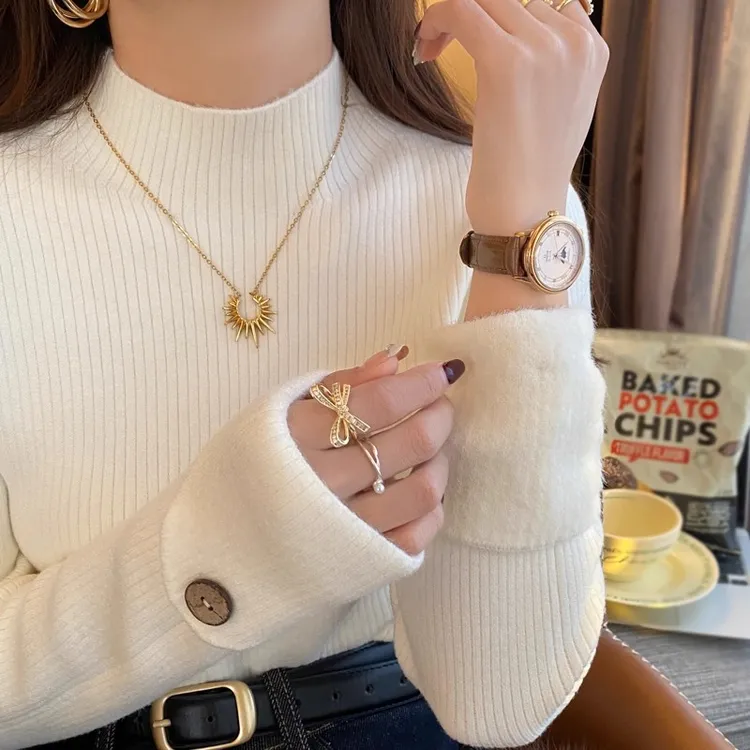 纯色半高领加绒加厚大码打底衫一体绒毛衣女内搭秋冬新款针织上衣