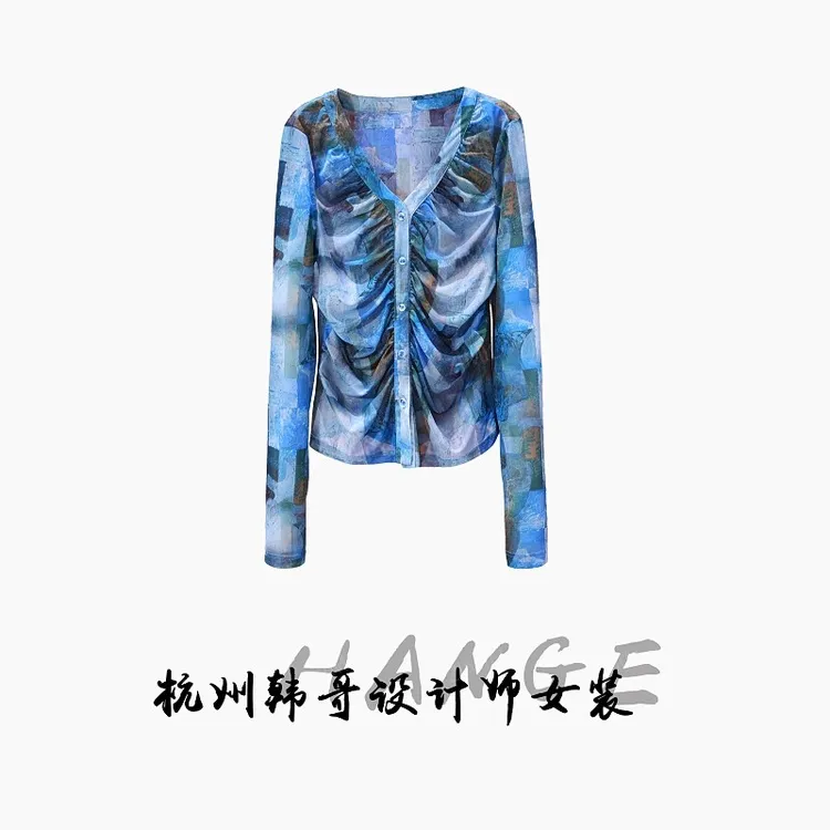 【韩哥女装】蓝色冰丝网纱水印褶皱时尚修身爽肤衣9309