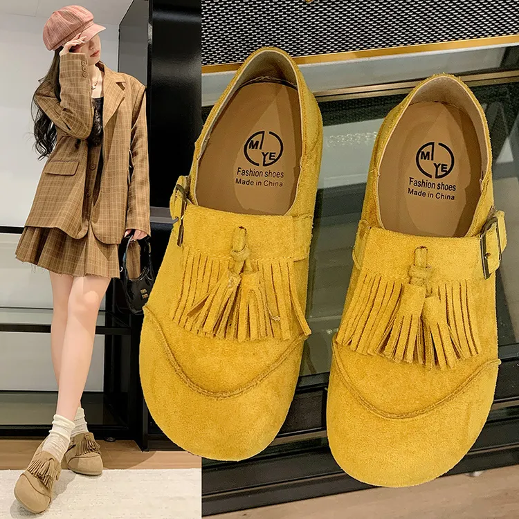 流光风复古森系丑萌勃肯鞋2025秋冬新款小众流苏厚底软底乐福鞋