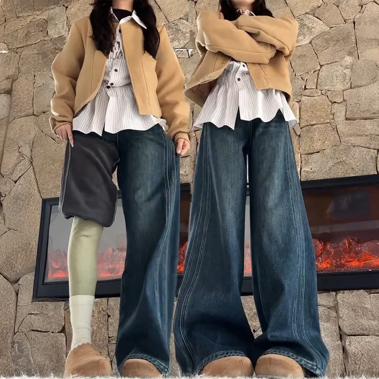 复古蓝加绒直筒牛仔裤女秋冬加绒大码胖mm宽松显瘦设计感阔腿裤子
