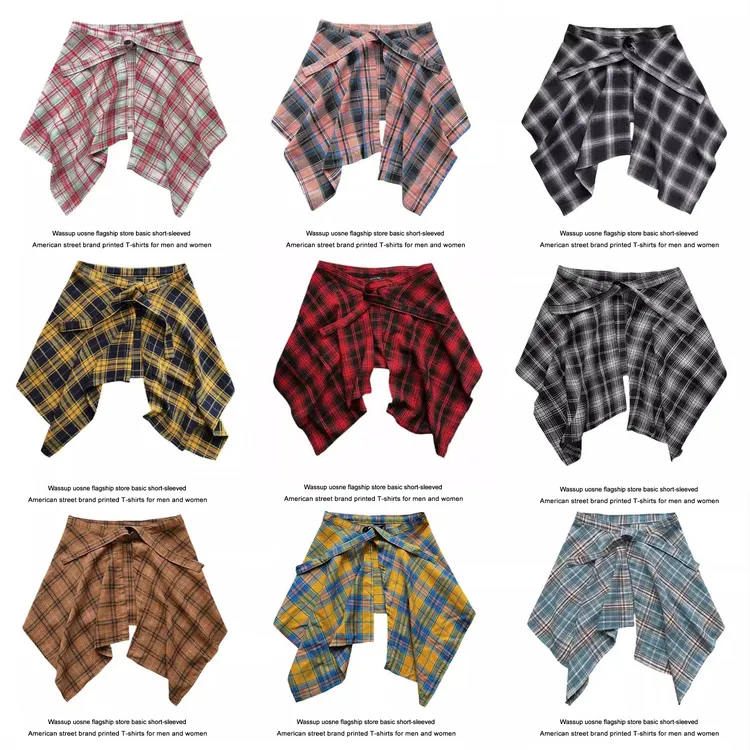 一片式系带藏肉神器卫衣t恤叠穿神器格子屁帘男半身裙女下摆春夏