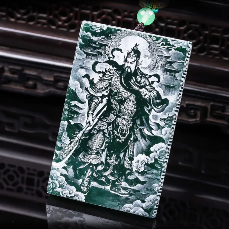 正品翡翠御龙关公项链双面影雕冰种关羽二爷玉石吊坠招财首饰挂件