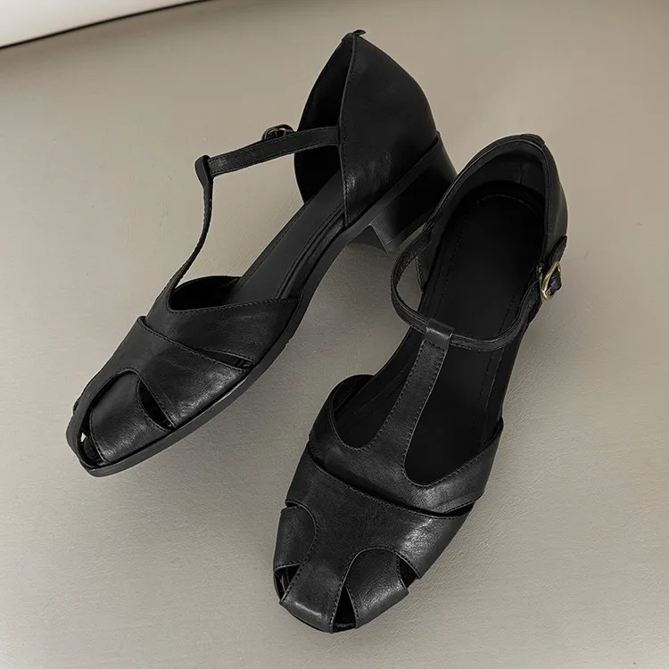 3CM头层水洗牛皮罗马凉鞋2025年夏季罗马风粗跟罗马风格纯色