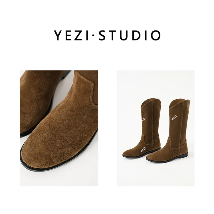 【自由形态】高丝光胎牛反绒羊皮懒自然褶皱堆叠V口西部靴25349024