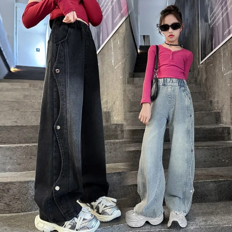 女童牛仔裤子春秋装新款纯色大童窄版直筒裤爆款学生休闲阔腿长裤