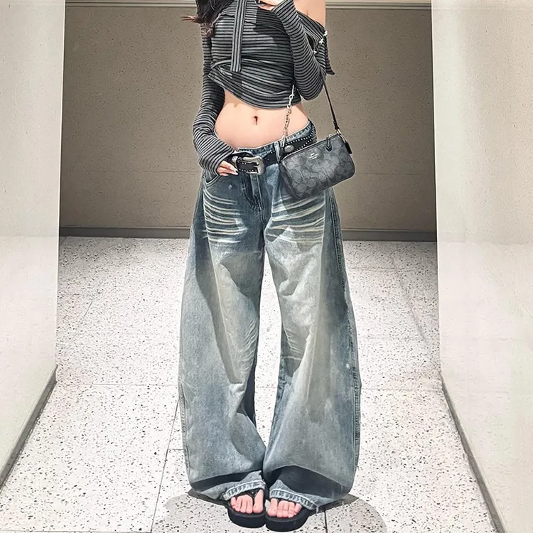 美式水洗立体猫须设计感牛仔裤女2025秋季宽松显瘦百搭阔腿直筒裤