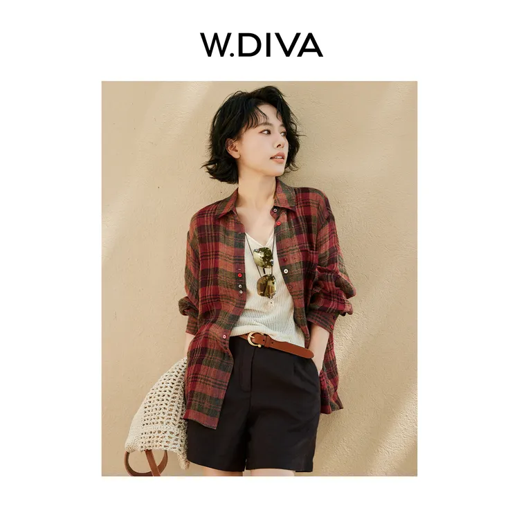 W.Diva【际遇】天然亚麻红色纽扣随性防晒格子衬衫慵懒风52S112307