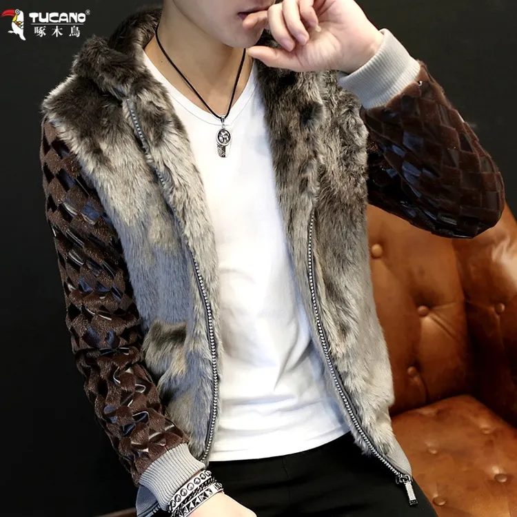 啄木鸟男士仿貂绒夹克秋冬季个性仿皮草棉服轻奢皮毛一体加厚外套