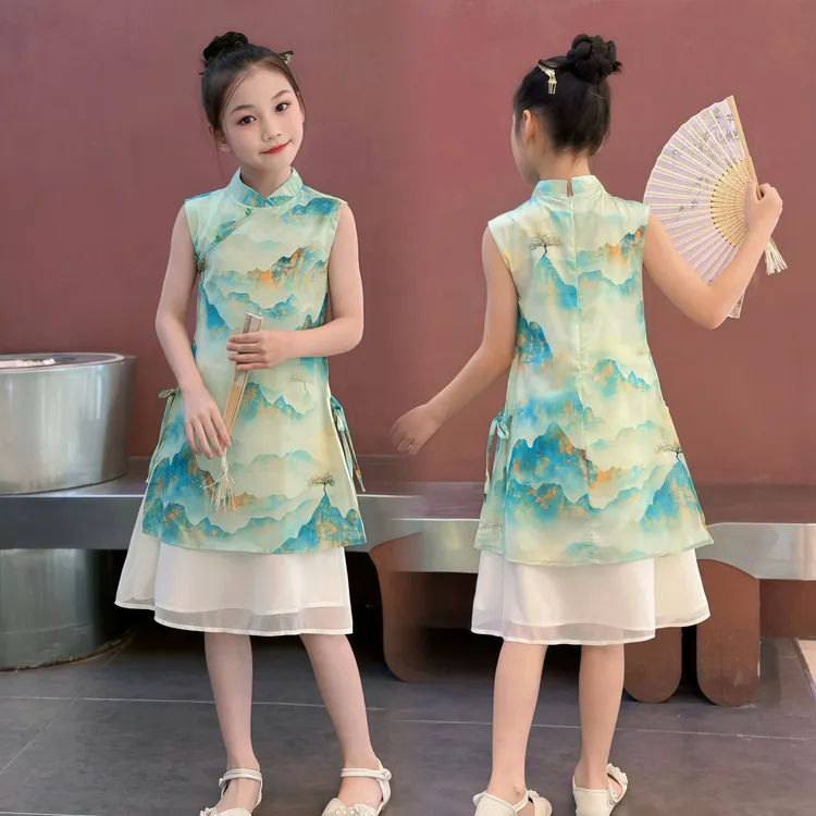 女童夏季连衣裙改良新中式旗袍裙中大童中国风优雅复古夏装裙子