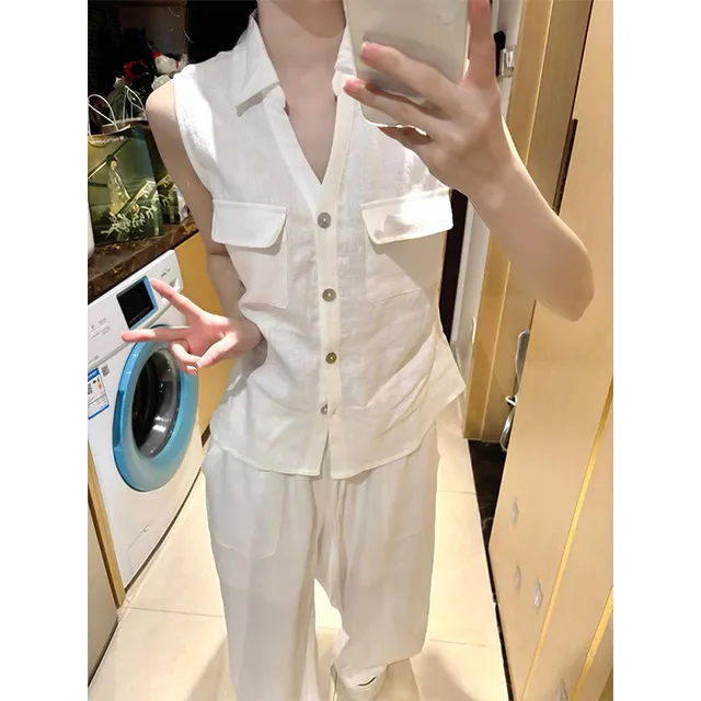 阔夏季干练件套马甲气质两腿长套装白色搭百女亚麻简约裤背心法式