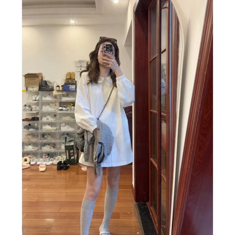 春夏新款白色娃娃领长袖衬衫裙女气质高级感显瘦时尚百搭连衣裙