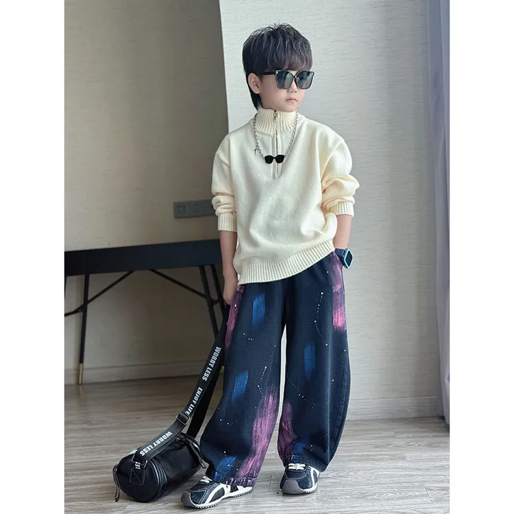 男童2025冬季新款时尚纯色半拉链高领长袖针织衫中大童百搭毛衣