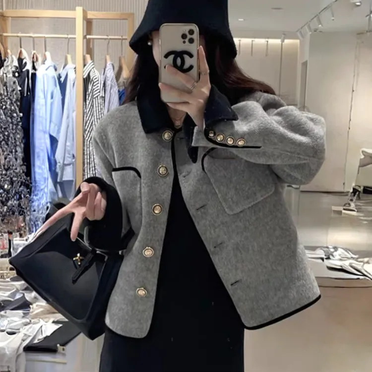 奥顿思兰迪小香风双面羊毛大衣女短款小金扣法式小个子毛呢外套