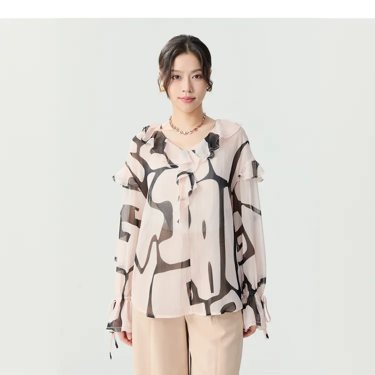 哥弟女装早春款气质优雅荷叶边雪纺时尚法式长袖衬衫衬衣1301034