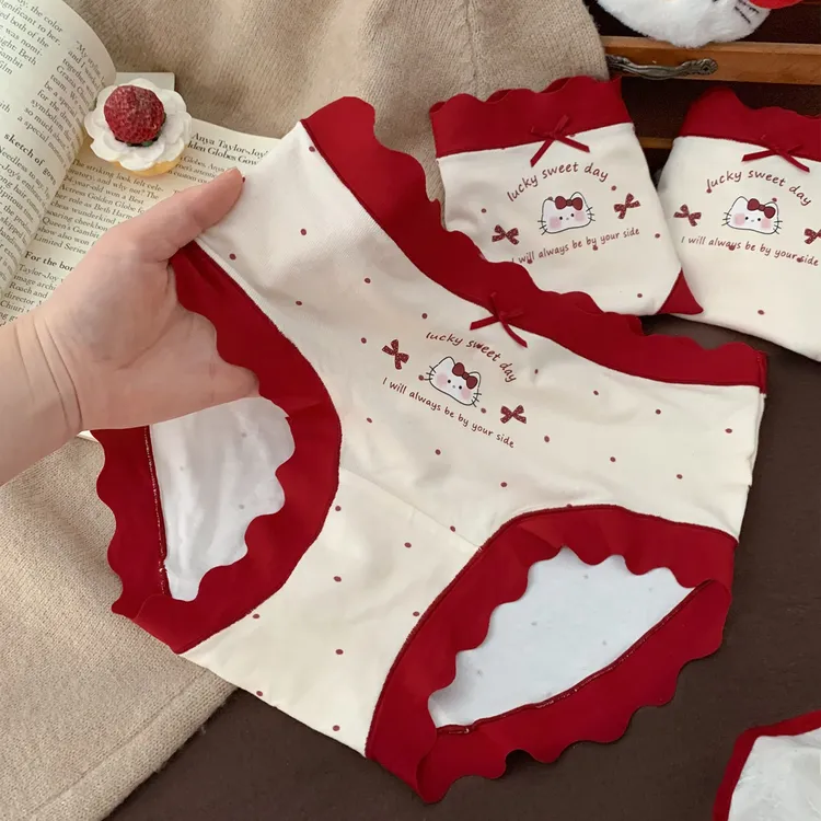 波点萌喵~可爱少女感波点印花内裤女2025新款红色本命年三角裤女