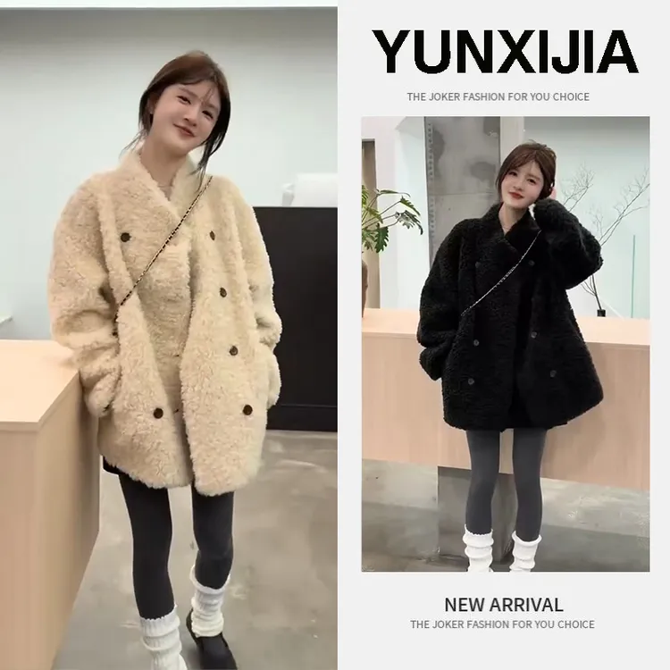 秋冬慵懒风2025韩版毛绒外套中长款宽松上衣紧身高腰鲨鱼裤三件套