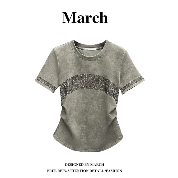 夏季新款设计感独特修身显瘦女装上衣烫钻褶皱收腰短袖T恤女-0108