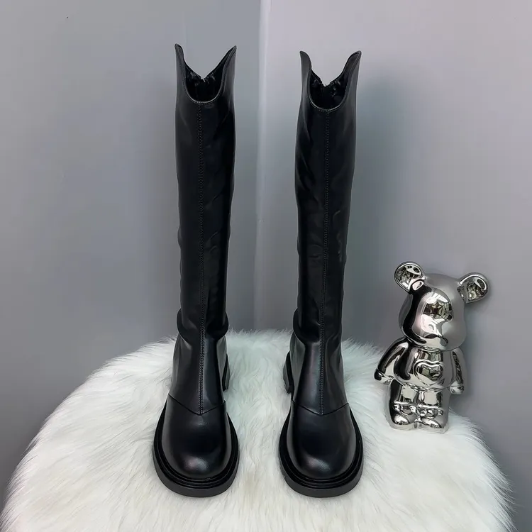 爆款V口长靴显瘦软皮不过膝长筒靴高筒靴小个子骑士靴弹力瘦瘦靴