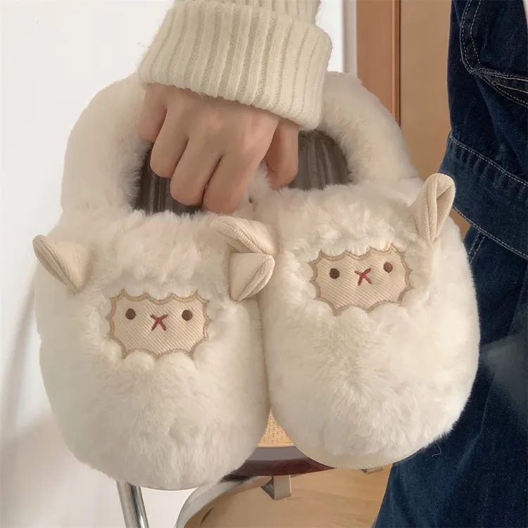 细细条 少女心软萌可爱小羊亲子棉拖鞋女冬季居家保暖舒适毛毛鞋