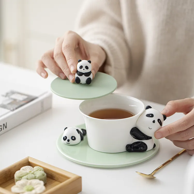 创意熊猫陶瓷咖啡杯马克杯轻奢高档家用水杯可爱萌生日礼物茶杯