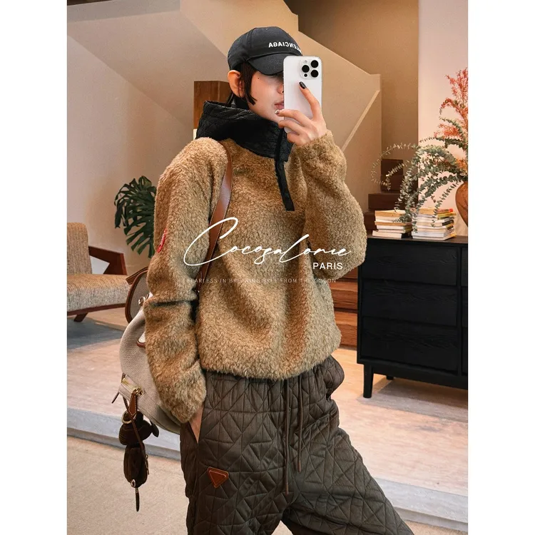  韩彬彬"大娥"加厚保暖菱形绗缝领半开襟羊毛复古连帽卫衣3313-8