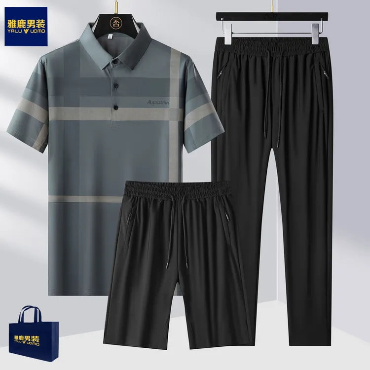 雅鹿男装夏季爸爸夏装t恤短袖中老年冰丝运动套装爷爷男装爸爸装