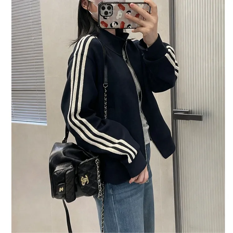 秋冬短款立领棒球外套女藏青色韩系三道杆小个子休闲减龄夹克上衣